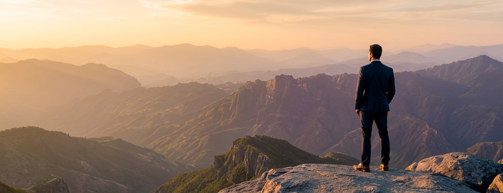 Business leader standing on a mountain ledge at dawn, looking out over a misty range.