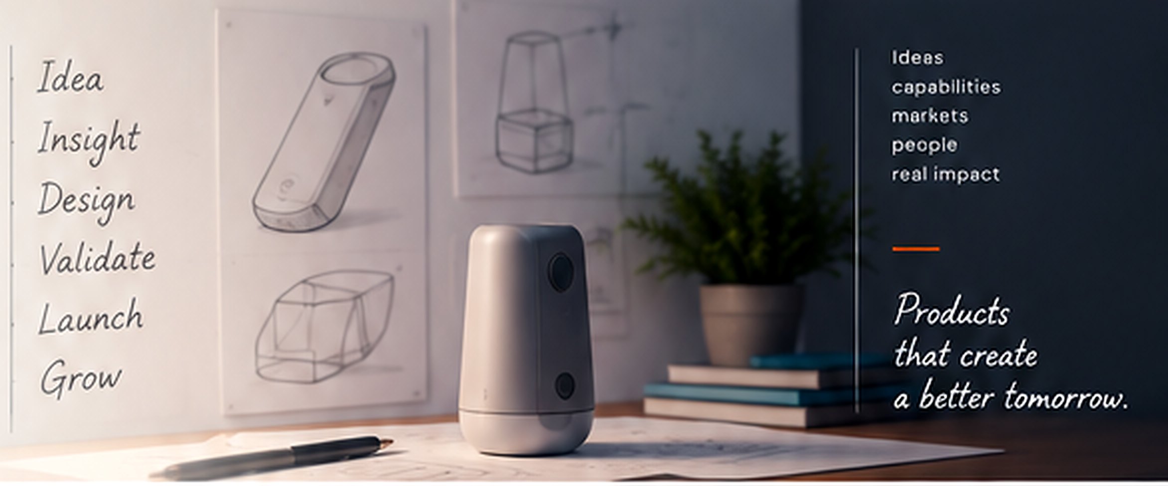 Product design workspace with concept sketches, a cylindrical prototype, a pen, books and a plant on a warm desk.